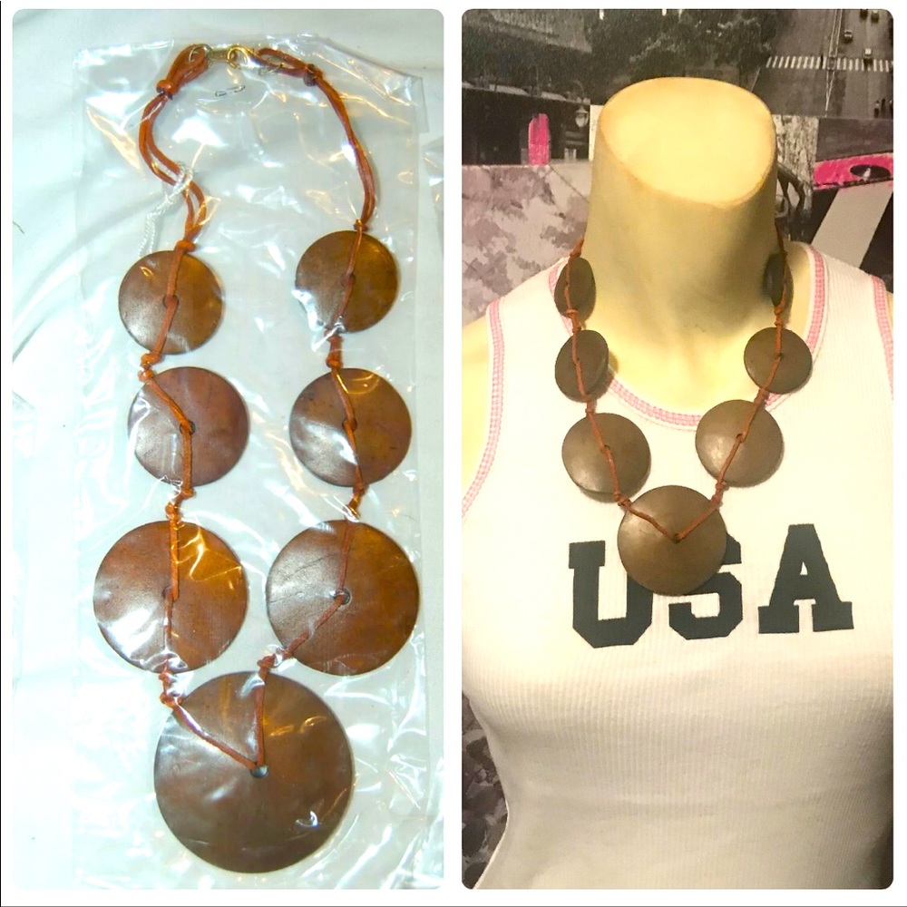 New Beautiful Brown Wooden Discs Rawhide Necklace